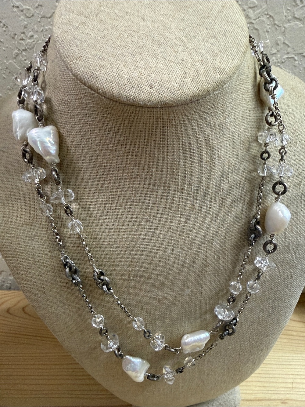 Stephen Dweck White Pearl and Clear Crystal Multi-Strand Necklace sterling